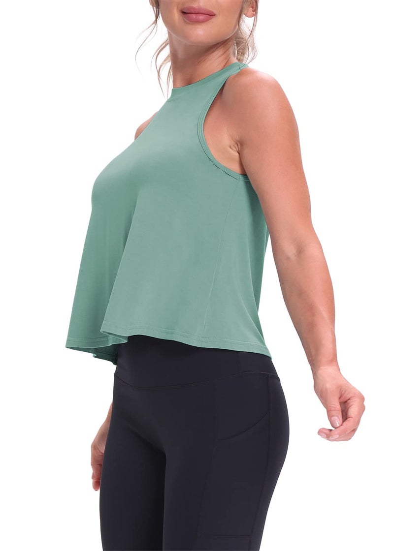 Mippo Cropped Workout Tops for Women Workout Shirts Sleeveless Tank Flowy Loose Crop High Neck Tank Tops Gray Green M - Image 4